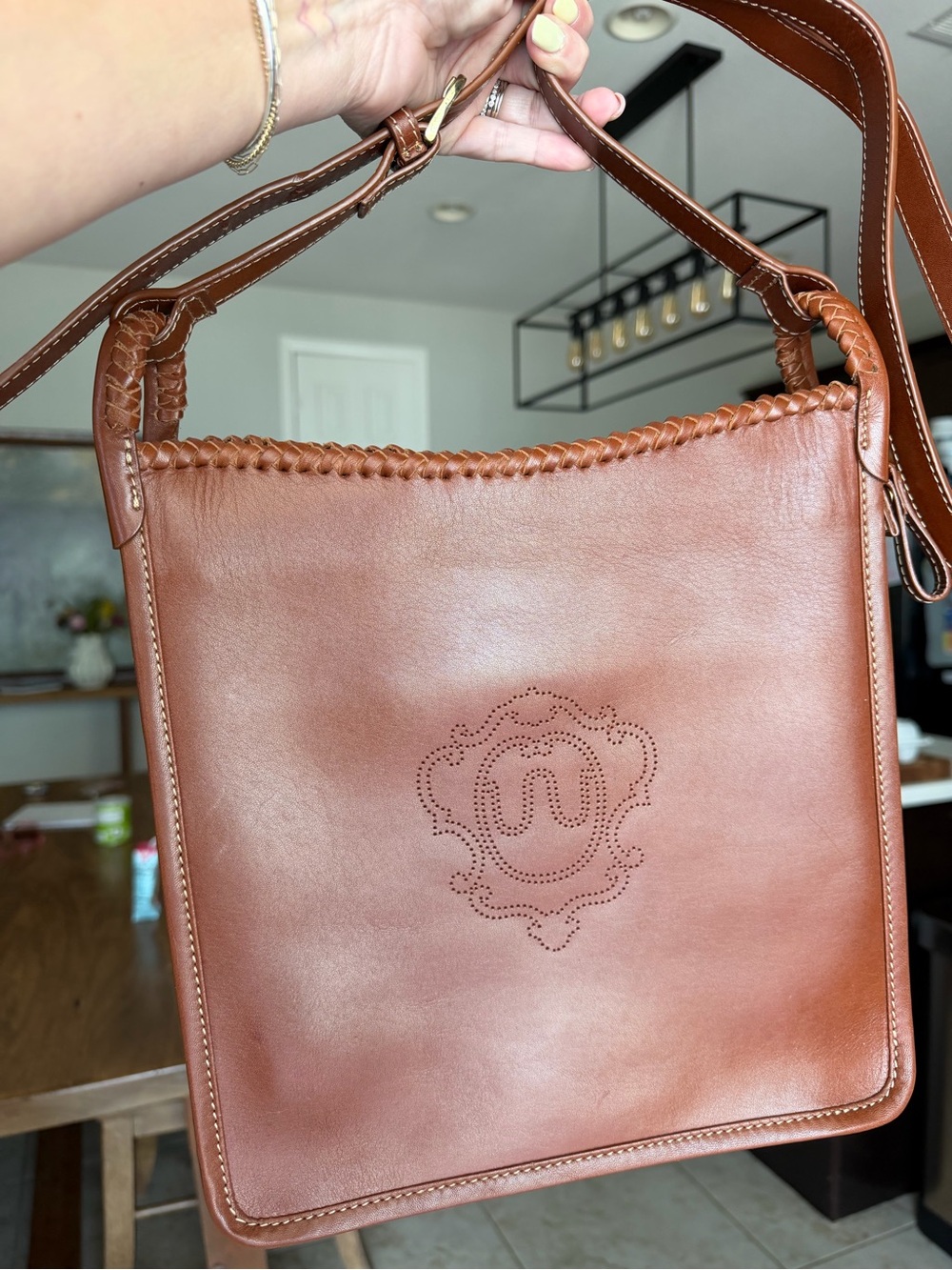 King Ranch Braided Trim Crossbody Tote in Warm Brown Leather